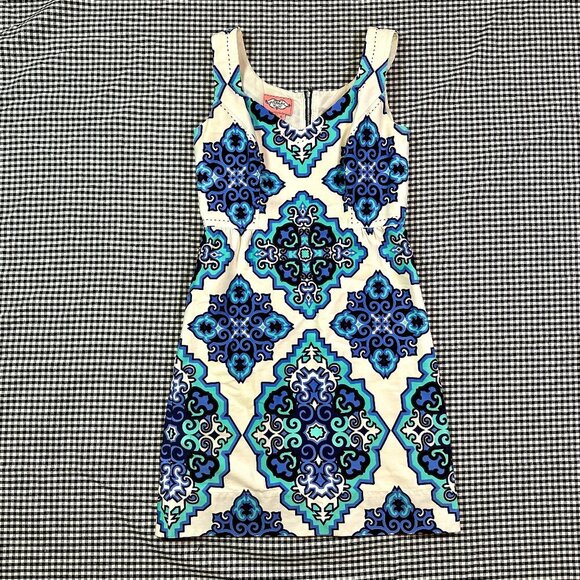 Phoebe Couture A Line Geometric Mini Summer Cotton Dress Blue & White Size 4 - Picture 1 of 6